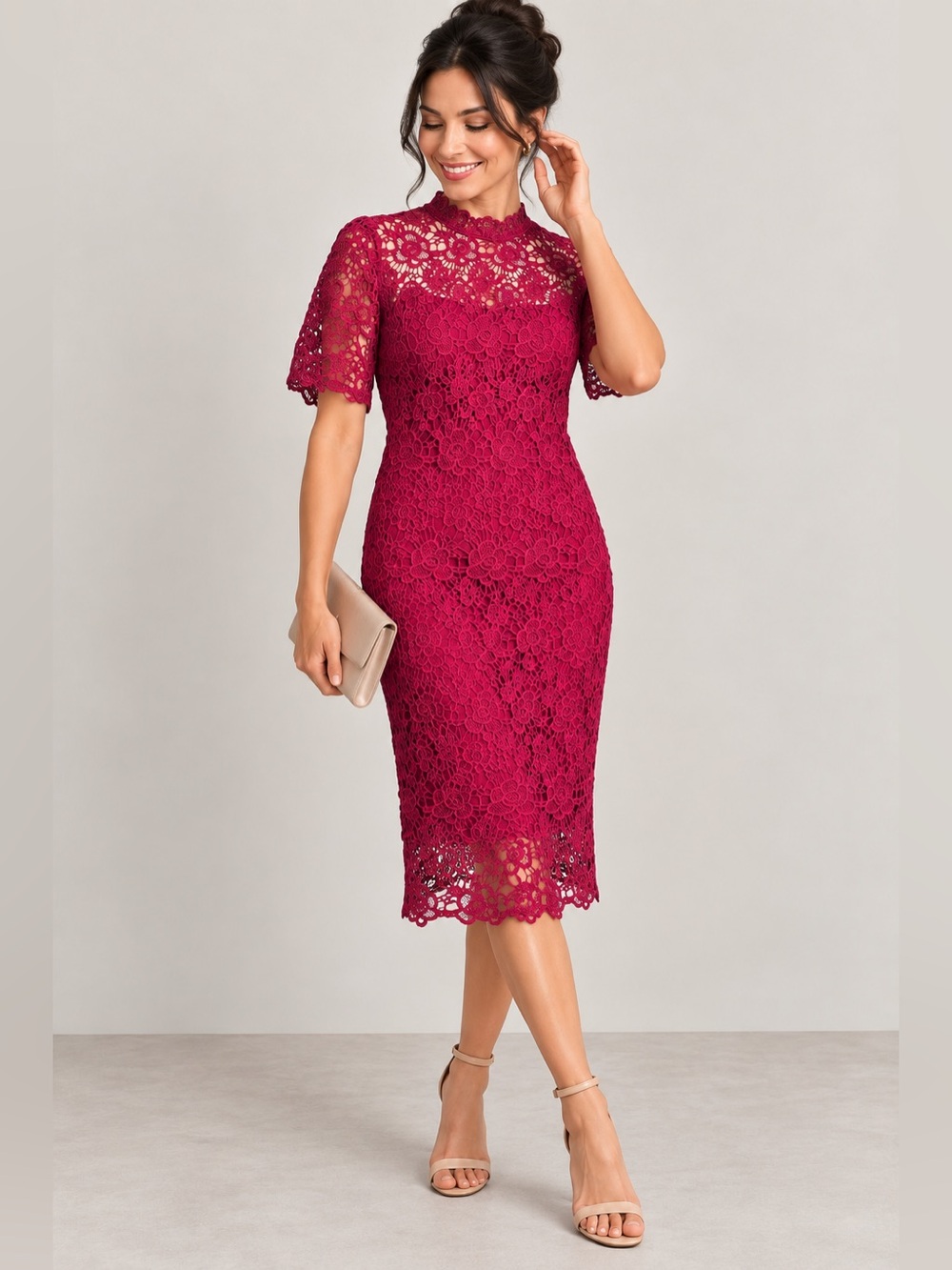 NWT Nanette Lepore Lace Midi Dress Magenta Floral Sheer Short Sleeve Size 8